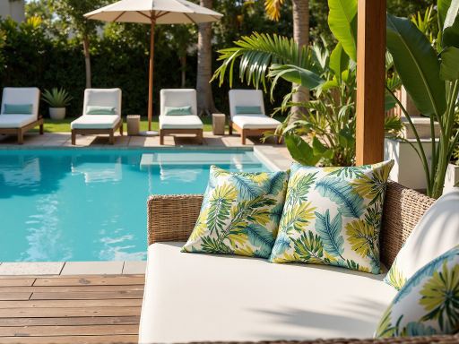 High-end residential neighborhood with detached villas, lush tropical gardens, infinity pool, and sophisticated landscaping