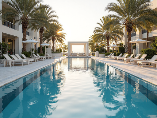 Luxury beachfront residential complex with modern architecture, pristine swimming pool, manicured lawn, and ocean view